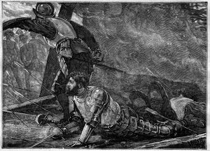 The Death of Juan of La Cosa - Death of Juan de la Cosa (1460-1510), cartographer, conquistador and Spanish explorer in Cartagena, Colombia - engraving of 1887