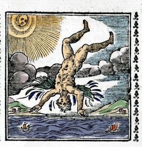 The Fall of Icarus. Colourful Xylography. 16th century by Unknown artist