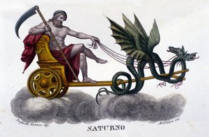 The God Saturn (or Cronos) on a tank fired by two dragons. From an illustration by Raffaello Sanzio (engraving of the 19th century)