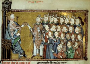 The King of France Louis X the Hutin (1289-1316) handed over the Charter to the Normans on 19/03/1315, conceiving greater independence and fewer taxes to the Duchy of Normandy. Miniature from a 14th century manuscript