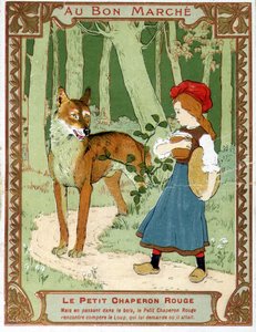 The Little Red Riding Hood meets the wolf - Bon Marché advertising label by Unknown artist