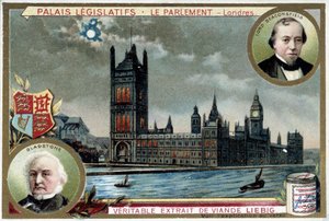The Palace of Westminster, or Parliament of London (England), with Portraits of William Ewart Gladstone (1809-1898) and Benjamin Disraeli, Lord Beaconsfield (1804-1881) - Liebig Chromolithography