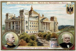 The Reichstag Palace in Berlin, and Portraits of Bismarck and Windthorst - Advertising Label Liebig, c.1900