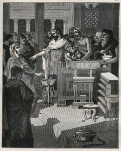 The Roman Emperor Caligula (12-41) in a brocanter in Roman Gaul. Engraving from 1885 in 