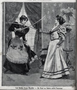 The aftermath of a rivalry: a sword duel between women. Engraving in Le Parisien by Unknown artist