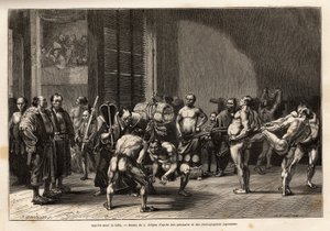 The preparations for sumo wrestling, the athletes warm up, stretch, get styled and concentrate before fighting. Engraving to illustrate the journey to Japan, by Aime Humbert, minister of the Swiss Confederation, in 1863-1864, published in 
