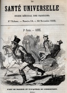 The art of losing weight and getting overweight: one man walks while another is transported in a carriage - engraving in 