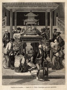 The baptism of the Buddha, an annual feast that takes place on the 8th day of the 4th month, devotees water the bronze statue of the Buddha exposed for the occasion in front of the temples. Engraving to illustrate the journey to Japan, by Aime Humbert, min