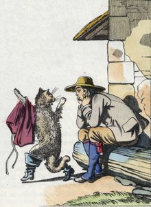 The cat asks his master for clothes and boots and promises to be rich soon. Illustration of Charles Perrault