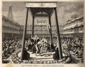The circus of wrestlers, who wait for their turn to fight, takes place in the arena under the wooden cage; all around, the crowd of spectators and betters watch the fights with passion. Engraving to illustrate the journey to Japan, by Aime Humbert, ministe