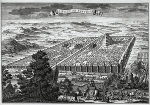 The city walls of Babylon surrounding the hanging gardens and the tower of Babel by Unknown artist