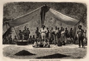 The Common Meal of the Workers After the Collection of Coffee Beans, Which Dry on the Ground in the Foreground; in the Center of the Image, the Owner of the Plantation. Engraving to Illustrate the Voyage to Brazil, Story by M. by Unknown artist