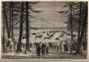 The coral for reindeer hunting in the Co-Yukon (co-Yukon or co-Youkouk) (Indian tribe of extreme northern Canada). Engraving to illustrate the voyage and adventures in English Colombia, Vancouver Island and Alaska, by Frederick Whymper by Unknown artist
