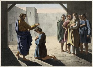 The coronation of David: Samuel designates David as king of Israel. Anonymous engraving of the 19th century by Unknown artist