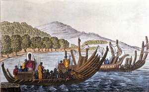 The department of Polynesians for the Pacific aboard double-hull canoes. Lithograph from the beginning of the 19th century by Unknown artist