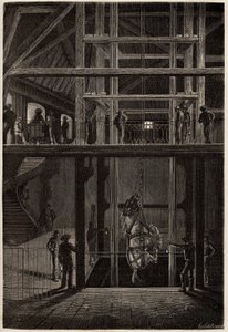 The descent of a horse in the Creusot mines, used in underground tunnels for the transport of coal carts. Engraving to illustrate a voyage to the Creusot and the mines of Saone and Loire, in 1865, by L. Simonin, in 