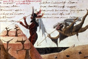 The devils in a circle of hell after a handwritten edition of the Divina Commedia (Divine Comedy) by Dante Alighieri (1265 - 1321) of the 14th century. Bibl.Trivulziana Milan by Unknown artist