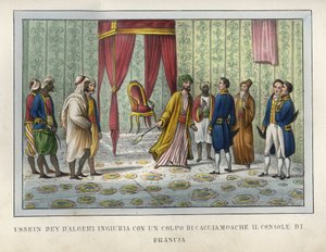 The dey of Algiers, Hussein, judging himself offended by the French consul Pierre Deval, had blown him off his fly-hunter in April 1827. This episode was decisive in the evolution of events leading to the capture of Algiers in 1830. Engraving in 