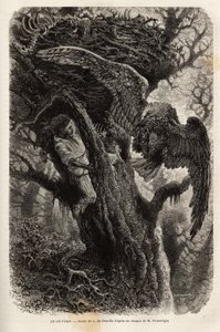 The eagle protecting his nest from the intruder. Engraving to illustrate the story Four months in Florida, by M. Pousselgue, in 1851-1852, published in le tour du monde, under the direction of Edouard Charton, Hachette, Paris 1869. Selva Collection by Unknown artist