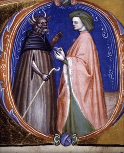 The encounter with the Demon. 14th century manuscript. Biblioteca comunale di Rimini
