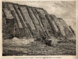 The exploitation of guano (seabirds excrement, uses as fertilizer in agriculture), the cliffs of the Chincha islands (close to the Peruvian coast) are dug on stairs for intensive harvesting of raw material, which loads in wagons is directly loaded in boats by Unknown artist