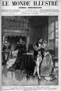 The final quartet, the second painting of the fourth act that takes place in the room of the castle of Kimbolt. Scene of the opera Henry VIII by Camille Saint-Saens represented at the national music academy on March 5