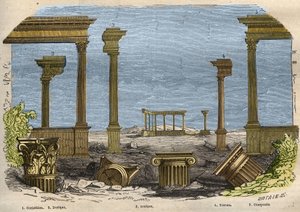 The five orders of classical architecture: Corinthian, Doric, Ionic, Tuscan and composite, each represented by a column. Engraving from 1857 in Le Musee Des Sciences by Unknown artist