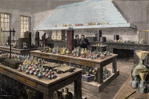 The great laboratory of Louis Pasteur (1822-1895), French chemist and biologist, at the Ecole normale superieure - Louis Pasteur in his laboratory at the Ecole normale superieure - Engraving by Meyer 1884 by Unknown artist