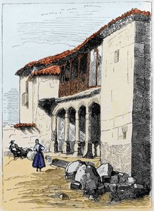 The house of Sante de Valcuebo in Salamanca where Christopher Columbus held its first conference. Engraving of the 19th century