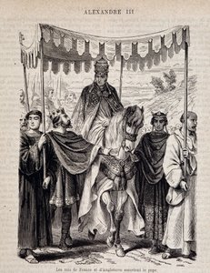 The kings of France Louis VII the Young and England escort Pope Alexander III - in Histoire des popes by Unknown artist
