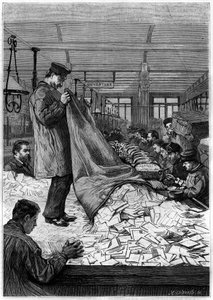 The large tables of letters in the sorting centers of the Hotel des Postes on the Rue du Louvre in Paris. Engraving in the journal 