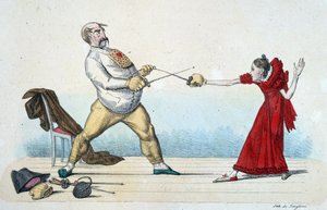 The lesson of fencing: how to straighten the size of young people and prevent accidents - 19th century, Musee Carnavalet. by Unknown artist