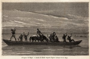 The long canoes of the Bambaras on the Niger River, maneuvered with long perches, can carry several people and even cattle or horses. Engraving to illustrate the voyage to Western Sudan of Lieutenant (Navy) M.Mage, in 1863-1866, published in Le tour du mo