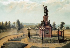 The monument to the navigator Christopher Columbus (1451-1506) on the Paso de la Reforma in Mexico City, Mexico. Chromolithography of 1885