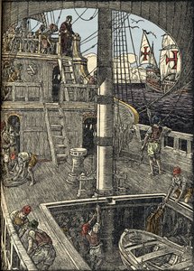 The navigator Christopher Columbus (1451-1506) aboard his caravel. by Unknown artist