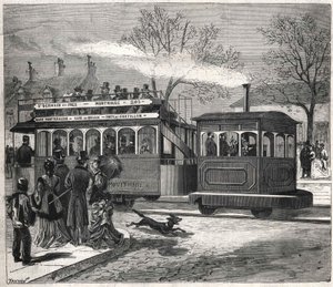 The New Steam Trams in Paris in 1876 Running on the Line of Saint-Germain-des-Prés at the Door of Chatillon, Engraving Bianchetti Collection