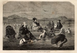 The passage of a ford, with presentation of the modes of carrying passengers and luggage. Engraving to illustrate the voyage to Japan, in 1863-1864, by Aime Humbert, minister of the Swiss Confederation, in 