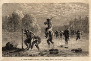 The passage of the gue, the Siriniris Indians, spontaneously propose to carry on their shoulders the members of the expedition, in order to make them cross the ponds formed at the foot of Mount Basiri (Peru). Engraving to illustrate the voyage in the valle by Unknown artist