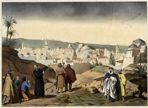 The pilgrims arrive at the city of Jerusalem. Anonymous engraving from the mid-19th century - in 