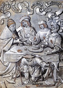 The pope, the nobility, the merchants and the army plotting on the backs of the people (a peasant) - Antipapist cartoon