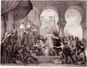 The return of Christopher Columbus to Spain before King Ferdinand II of Aragon and Isabella I of Castile after discovering America. Engraving of the 19th century by Unknown artist