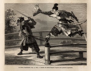 The samurai Yashitsune in balance on the barrier of a bridge, attacks a samurai in armor. Engraving to illustrate the voyage to Japan, in 1863-1864, by Aime Humbert, minister of the Swiss Confederation, in 