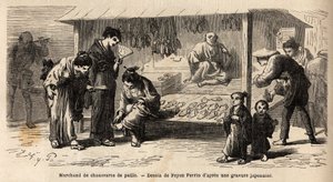 The stamp of a straw shoe dealer, with different customers, a woman who tries a pair with her friends, and a father who takes care of her child. Engraving to illustrate the voyage to Japan, in 1863-1864, by Aime Humbert, minister of the Swiss Confederation