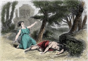 The suicide of Pyramus under the mulberry tree and the death of Thisbe. Convinced that the lioness had devoured Thisbe, Pyramus gave himself death and covered the white mulberries with his blood. Thisbe, hiding to escape the lion, finds her love dead and s