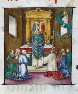 The uplift of the host. Lettrine S. - from a 16th century choir. Church of the Crowned Virgin of Lodi