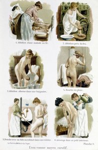 The woman, home doctor: water as a curative means. 1. Alution of a sick person in bed, 2. Alution by fire, 3. Alution alternates in a bathtub, 4. Rain shower, 5. Shower with a tap tube of a kitchen, 6. Watering in a small interior - in The woman, home doct by Unknown artist