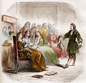 The writer Georges de Scudery during a literary salon organized by his sister, Madeleine de Scudery, in 1650. Engraving from 1860-1861