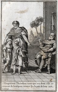 Theodosius I (Flavius Theodosius) (347-395), Roman emperor, wants his two sons, Arcadius (377-408) and Honorius (384-423), to stand up to listen to the lessons of their teacher. 4th century. Engraving in 