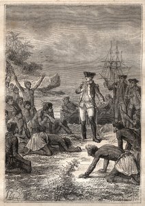 Third voyage (1776-1779) by Captain James Cook: Cook is welcomed by the natives (Hawaii) - illustration taken from The Great Mariners of the 18th century