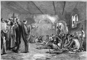 Thomas Becket died, 29 December 1170: the archbishop of Canterbury Saint Thomas of Canterbury (1117-1170) meeting in his apartments his assassins, the knights William of Tracy, Richard the Breton, Reginald Fitzurse, Hugues of Morville (supporters of King H